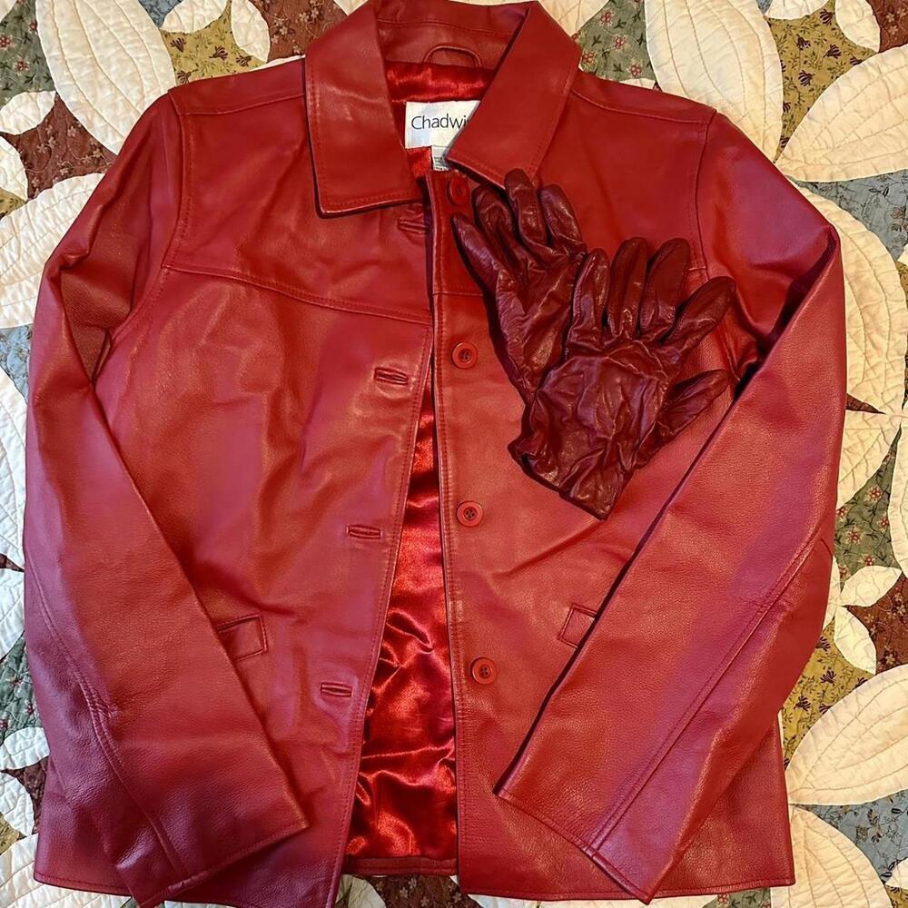 Red 100% real leather Chadwick’s jacket with matching gloves